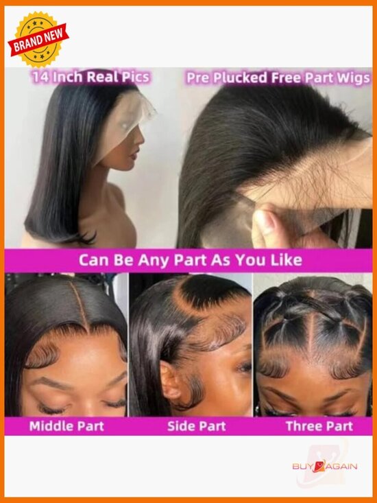 13x6 Bob Lace Front Wig Human Hair 200% Density 14 Inch Straight Lace Frontal main image 6